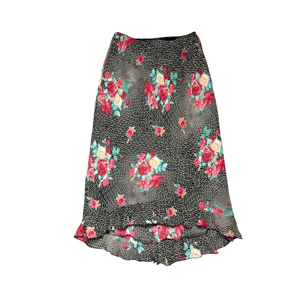 Vintage 90s Y2K High Low Floral Ruffle Midi Skirt Med‎